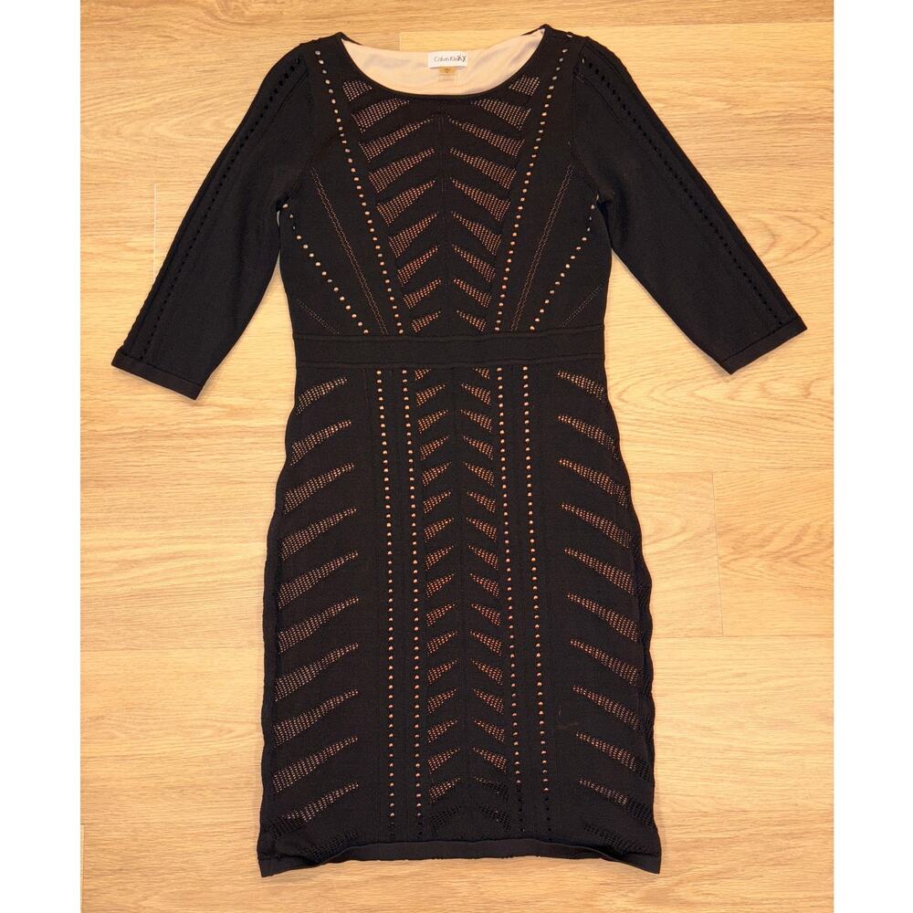 Calvin Klein black knit bodycon nylon dress eyelet cutouts womens size medium